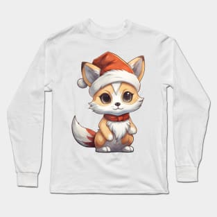 Gray Fox in Santa Hat Long Sleeve T-Shirt